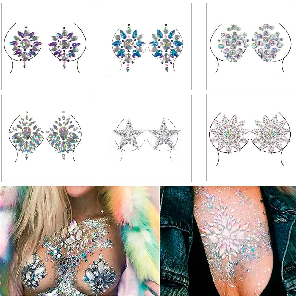 Bijoux Poitrine Adhésif De Tatouage Autocollant Boho Corps Maquillage Décor Cristal 3d Scène Strass Flash Gems Fleur étoile Design Festival Party