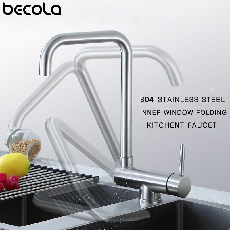 Bakala Stainless Steel Kitchen Faucet Lead Free Folding Mixer 360 Degree Swivel Single Handle Nickel Sink Taps