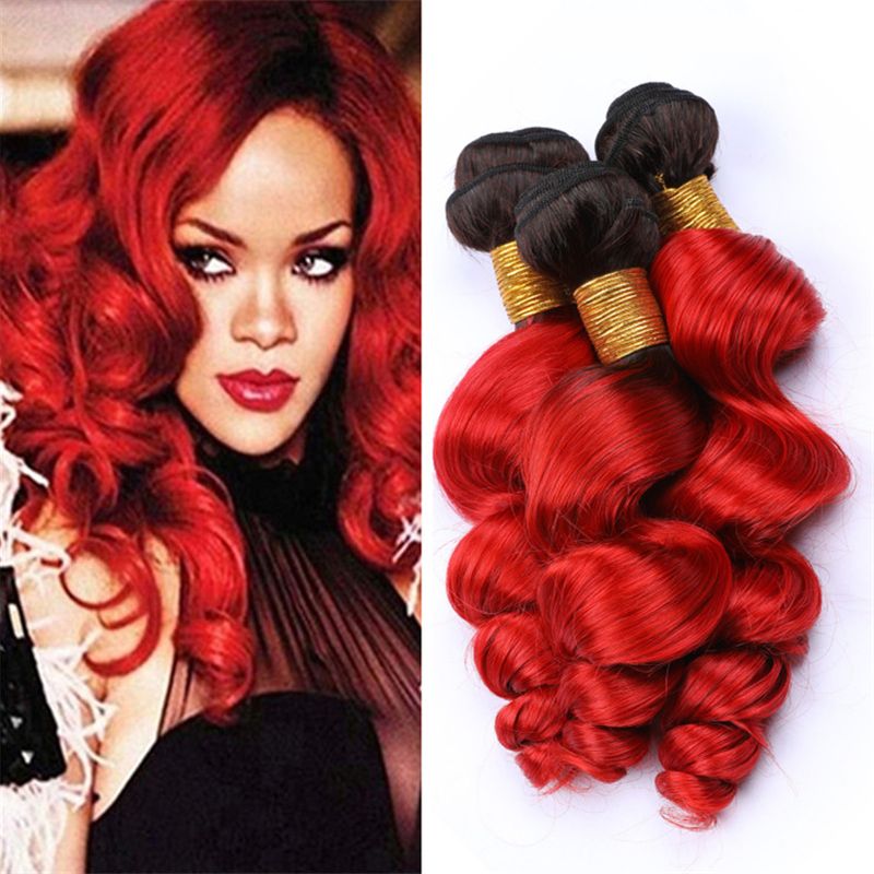 Black And Red Ombre Virgin Indian Hair Weave Bundles Loose Wave