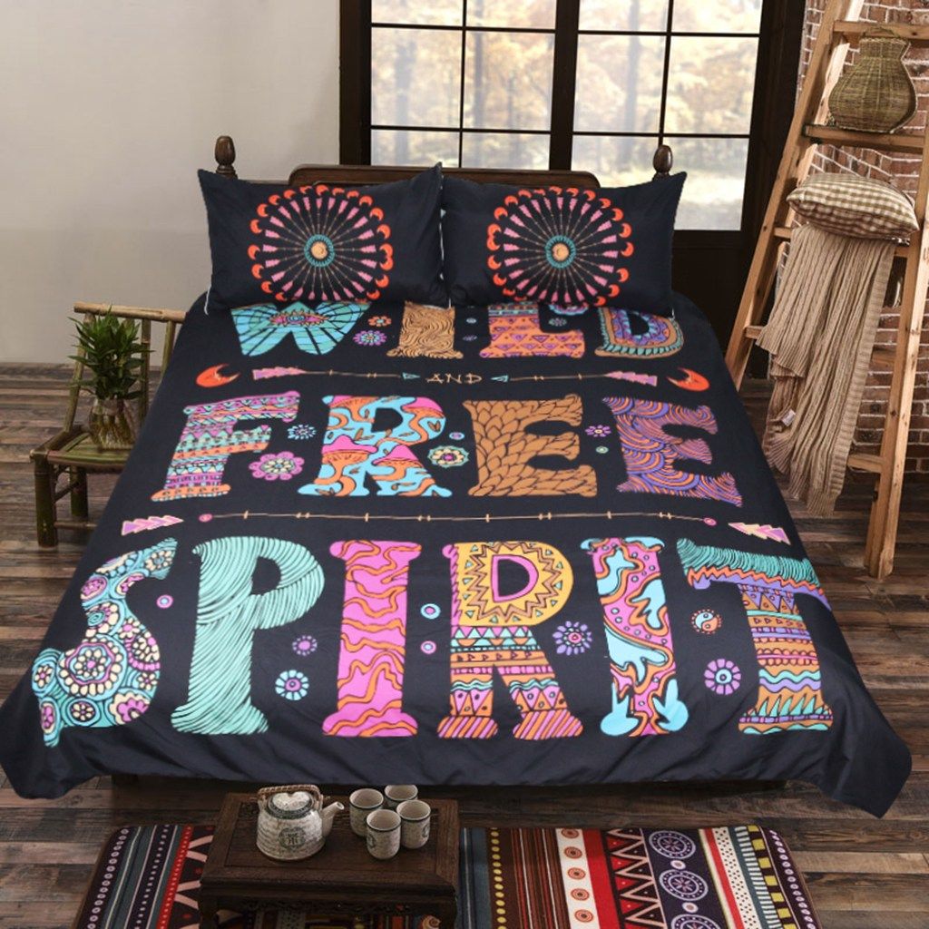 Free Novelty Gift Wild Spirit Words Geometric Pattern Bedding Set Duvet Cover With 2pcs Pillowcase Twin Full Queen King Size