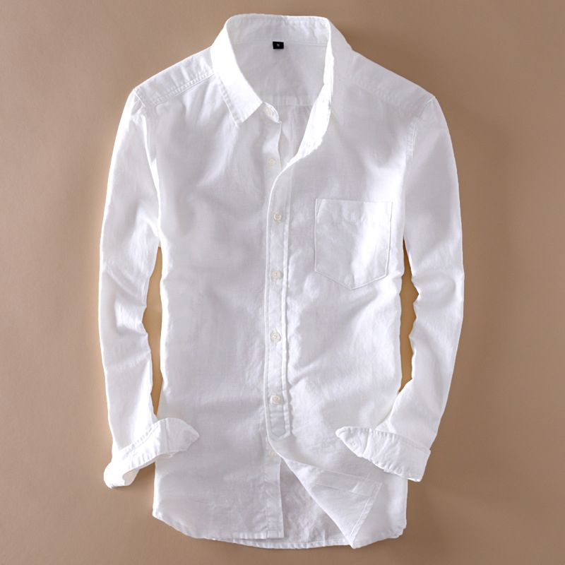 2019 Cotton Mens Linen White Shirt Top Long Sleeve Turn Down Collar Man ...