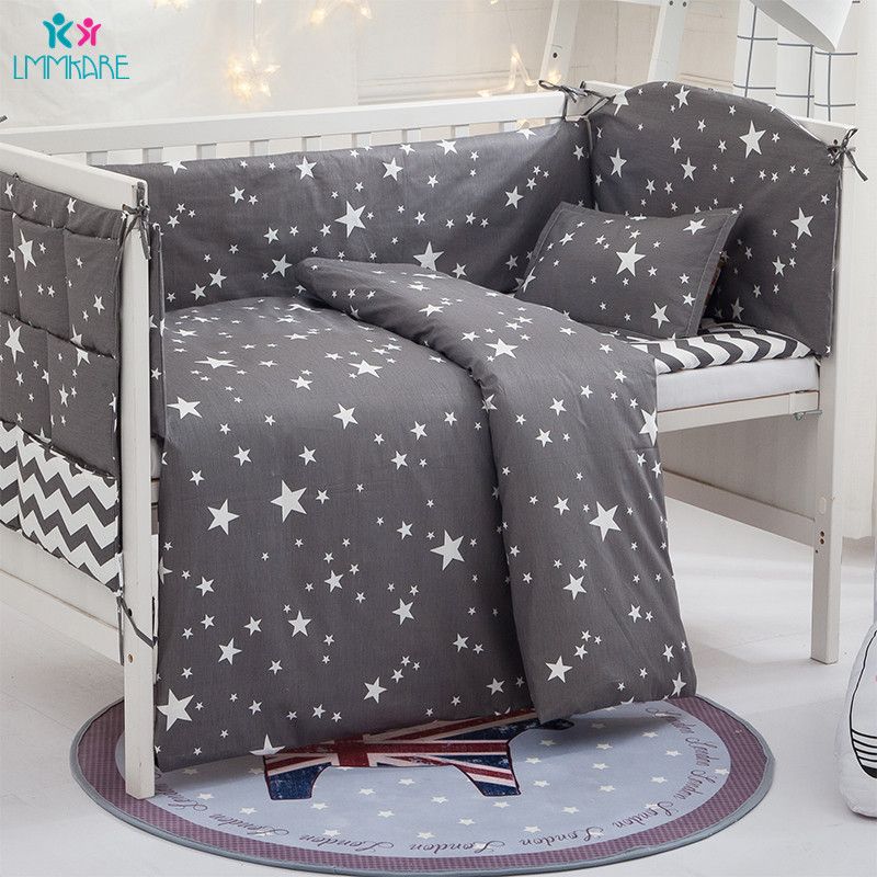 Grey Stars Cotton Breathable Baby Bedding Sets Newborn Crib Bumper Include Baby Pillow Bumpers Sheet Duvet Cover Babies Products