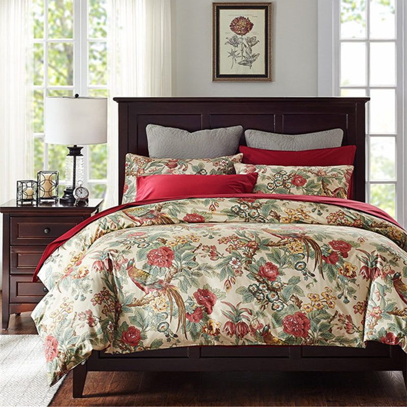 New American Style Vintage Bedding Set Rich Bird Print Satin 100 Cotton Duvet Cover Wrinkle Red Bed Sheet Skirt