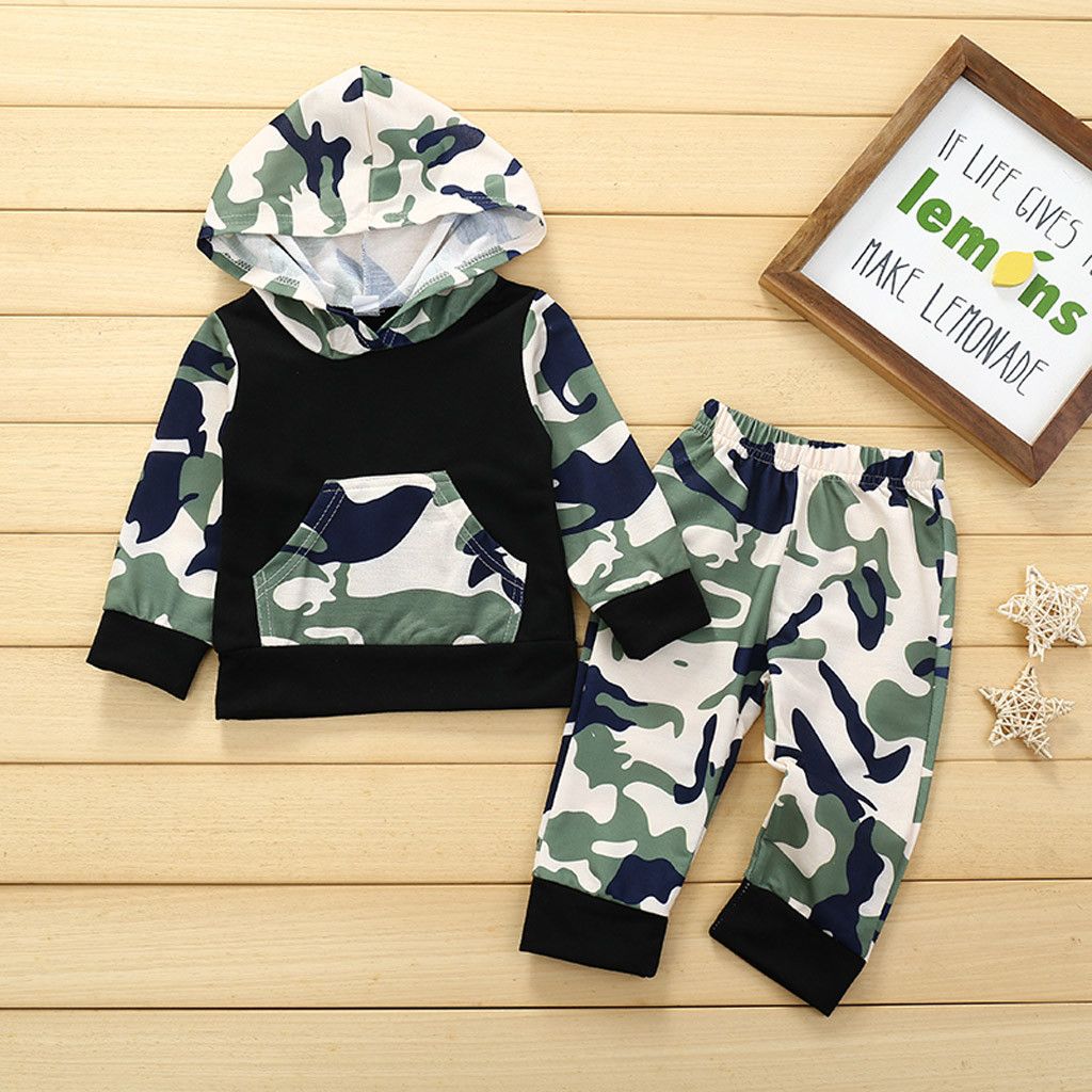 US Newborn Infant Baby Boy Camo Hoodie Long Pants Outfits Clothes Set Tracksuit