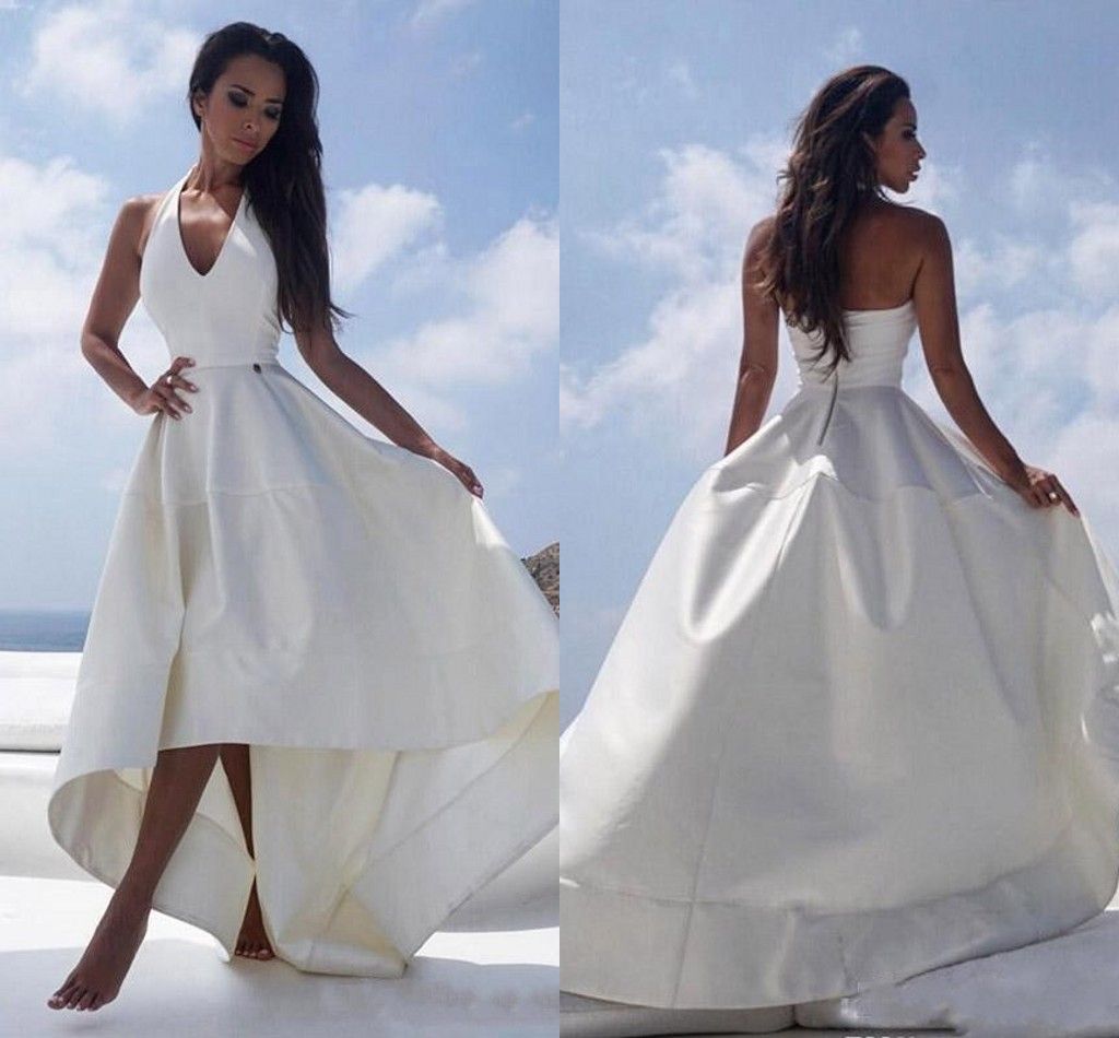 Discount 2019 White Satin High Low Beach Wedding Dresses Halter V