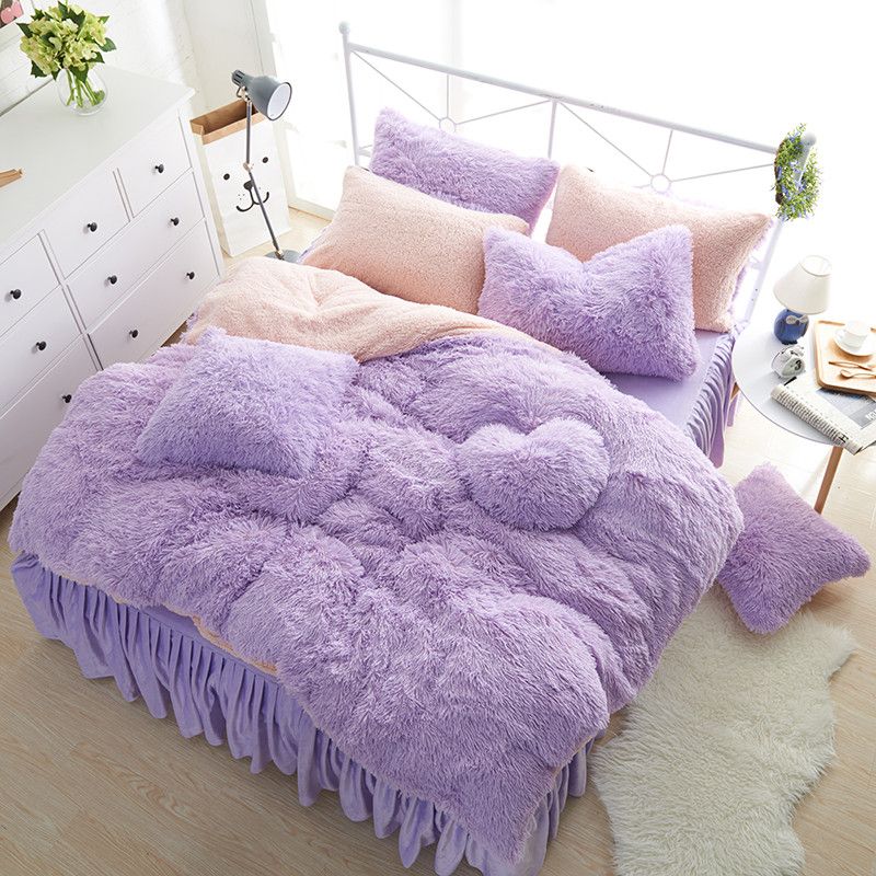 Thick Fleece Duvet Cover Sets Warm Soft Queen King Size Bed Skirt Thick Fleece Duvet Cover Sets Warm Soft Queen King Size Bed Skirt Pillowcases Korean Style Princess Girls Bedding Set For Winter Pretty Covers