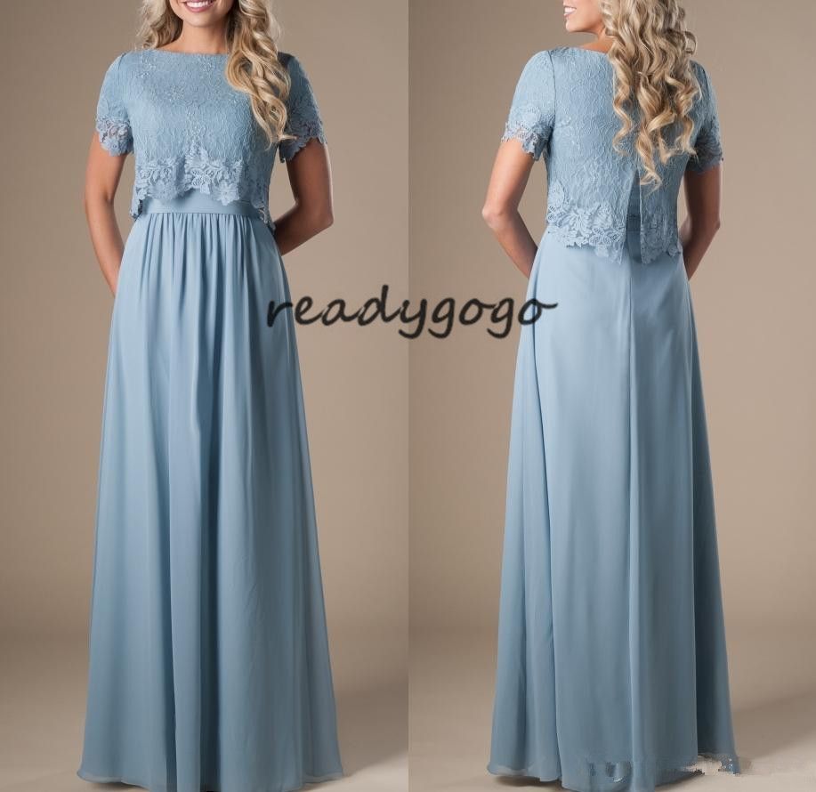 Cornflower Blue Long Modest Bridesmaid Dresses With Short ...