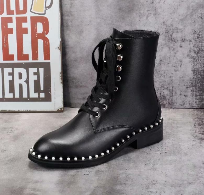 flatform leather ankle boots with faux pearl straps