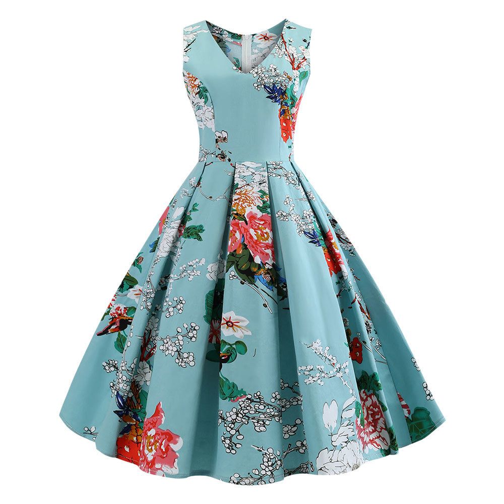 Wipalo Plus Size Sleeveless Floral Pattern Women Vintage Dress V Neck Flower Pleated Rockabilly Party Swing Dresses Robe Q190429