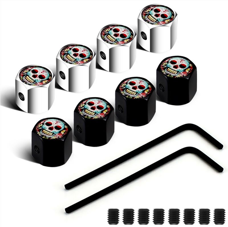 2021 Lockable Black Silver Color Anti Theft Dust Cap Tire Valve Caps Badges Emblems Flower Skull