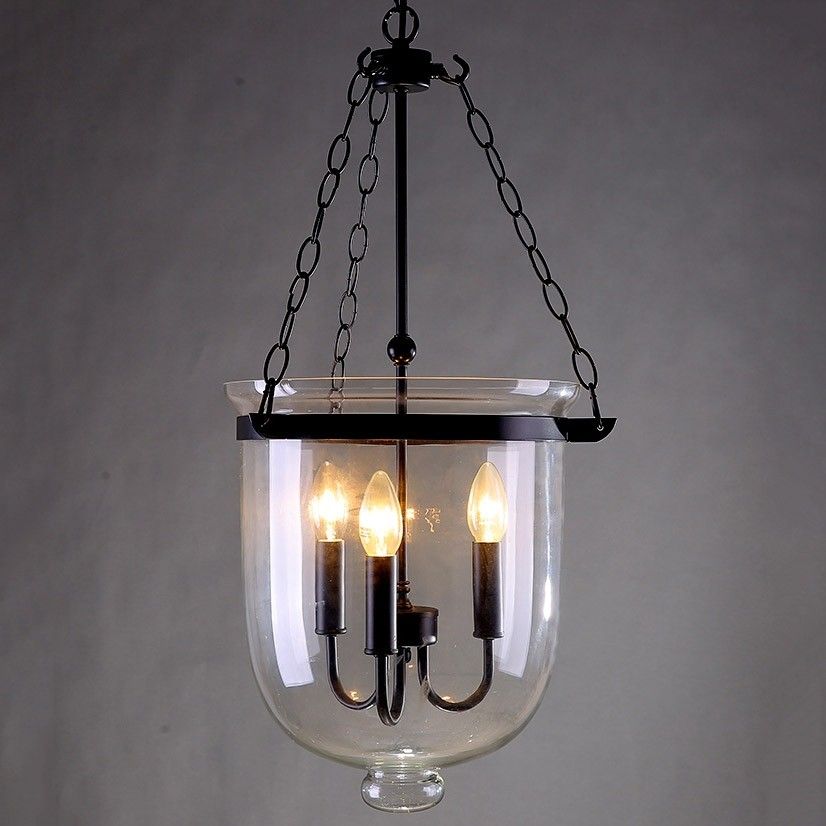 Retro Rustic Clear Glass Shade Bell Jar Pendant Light With 3 Candle Lights Black Metal Chandelier Ceiling Lighting Fixture