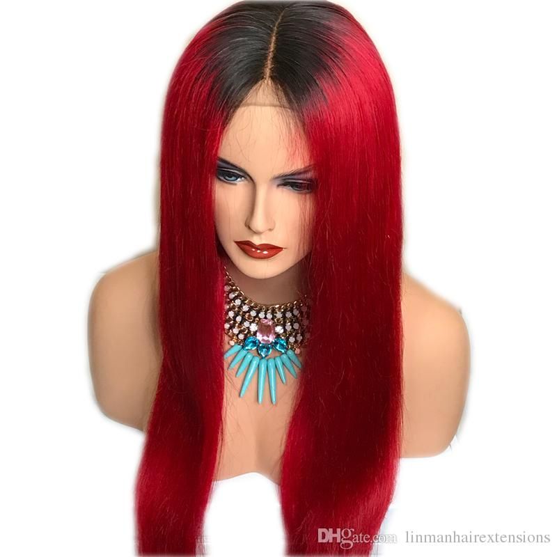 Ombre 1B Red Straight Full Lace Front Human Hair Wig 13X6 Deep Part