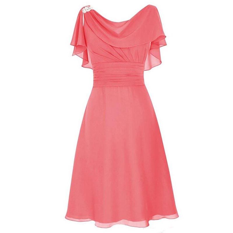 Elegant Short Bridesmaid Dresses Short Sleeves Chiffon Ruffles Pleats Knee Length Formal Party