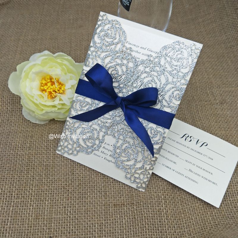 2019 Glittery Silver Laser Cut Wedding Invitations With Navy Blue