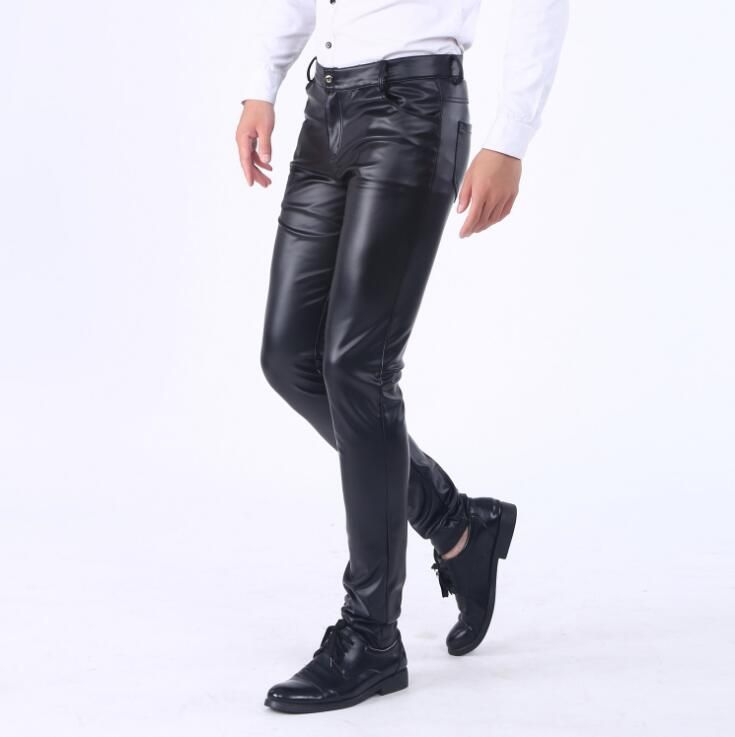 2020 Tide Black Leather Pants Men Korean Skinny Slim Long Pants New PU ...