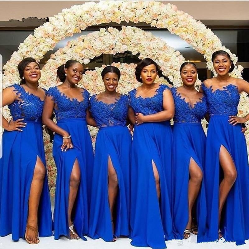 2019 African Chiffon Royal Blue Appliques Illusion Bodice Bridesmaids