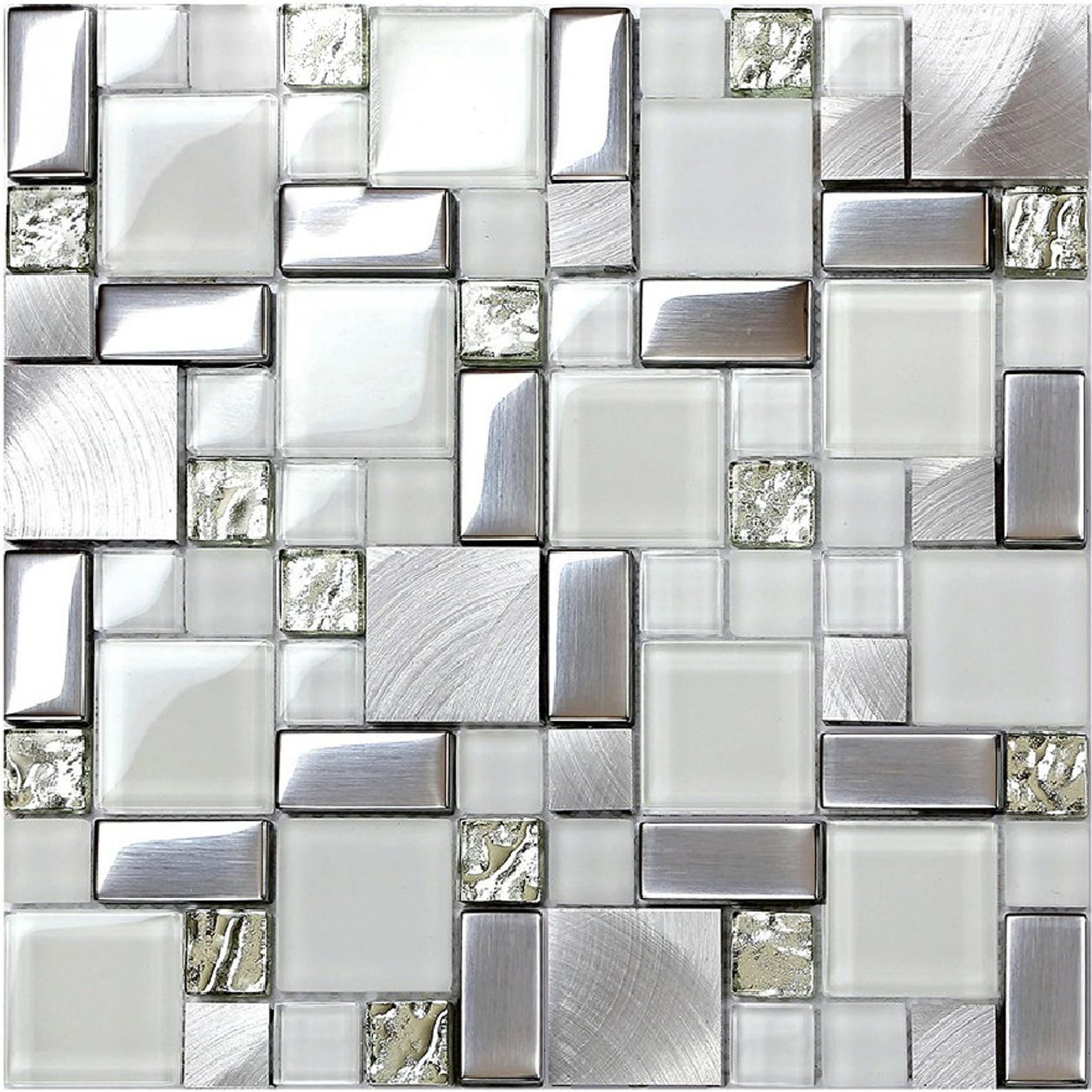 Crystal White Glass Mosaic Tile Backsplash Ssmt104 Silver Stainless Steel Metal Aluminum Kitchen Bathroom Wall