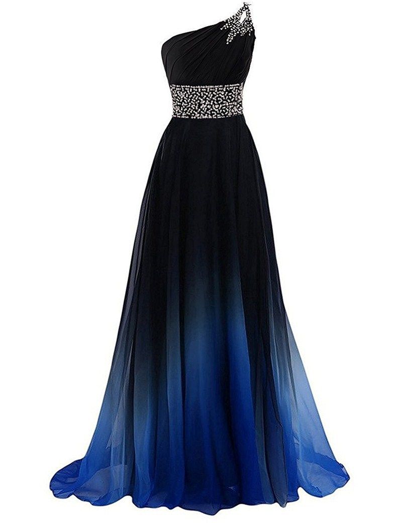 One Shoulder Prom Dresses Long Ombre Gradiant Color Evening Dresses