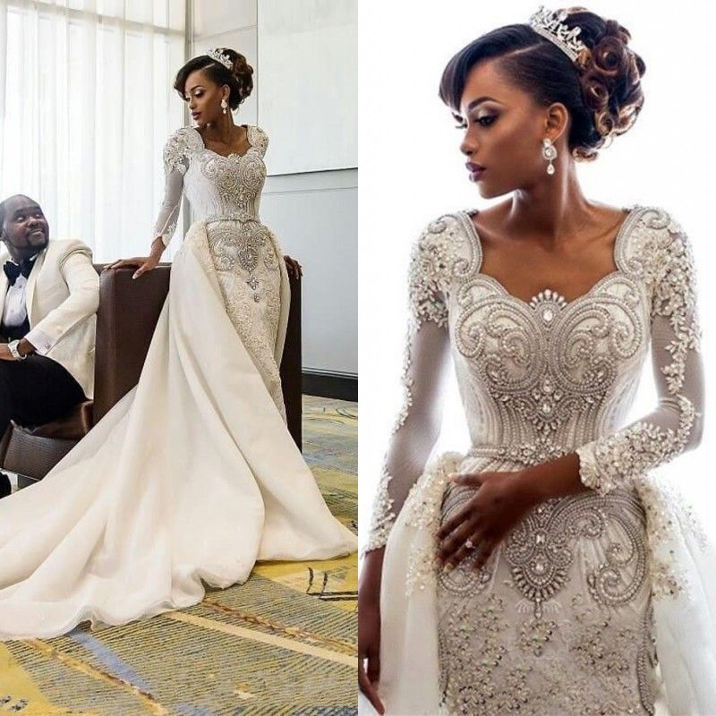 African Long Sleeves Lace Mermaid Wedding Dresses Scoop