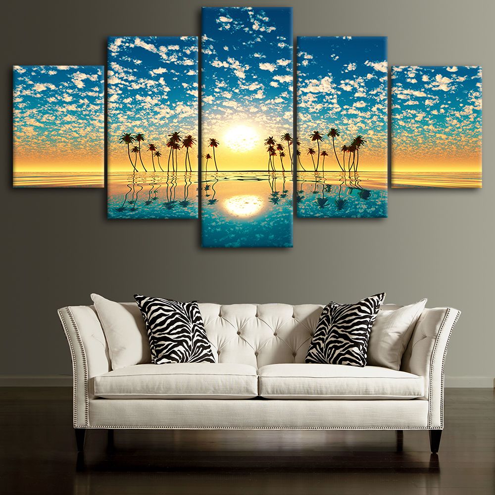 Canvas Posters Home Decor Wall Art Framework 5 Pieces Trees Sea Sunset Paintings For Living Room Hd Prints Modern Landscape Pictures