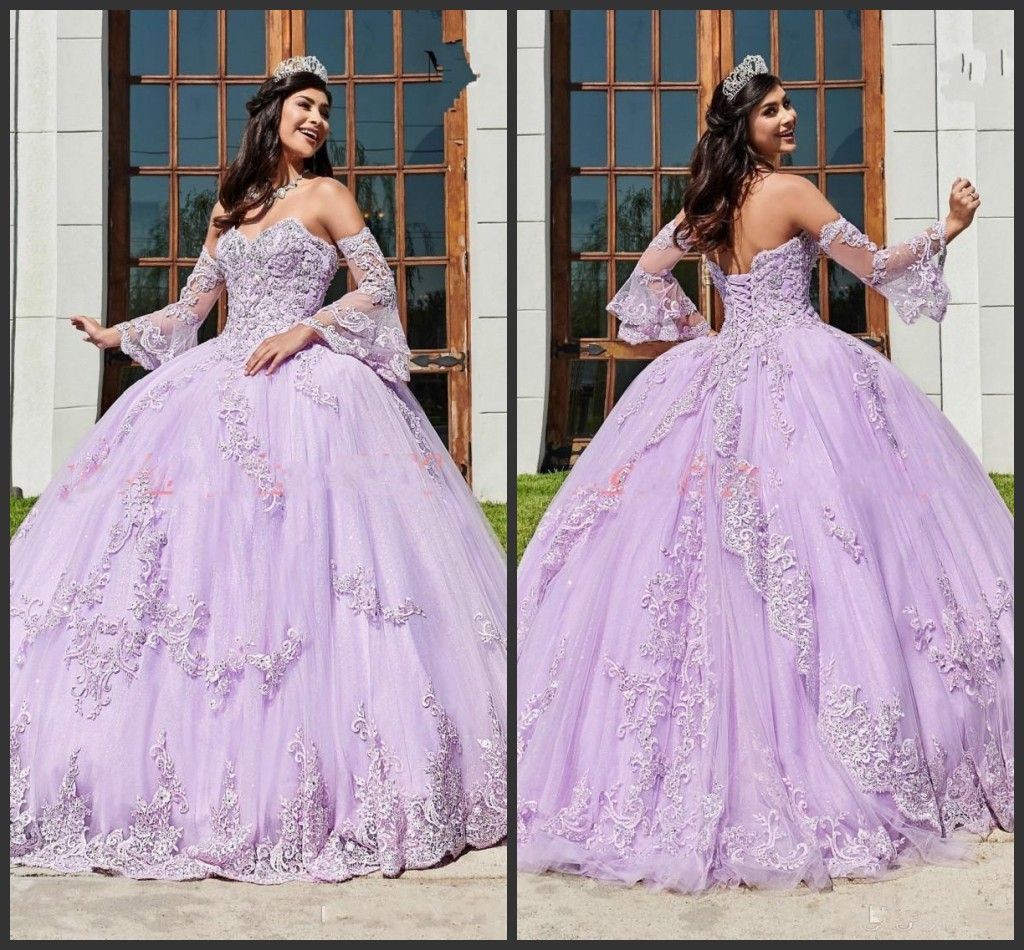 Purple Tulle Long Sleeve Ball Gown Quinceanera Dresses Plus Size Lace Applique Beaded Cheap 