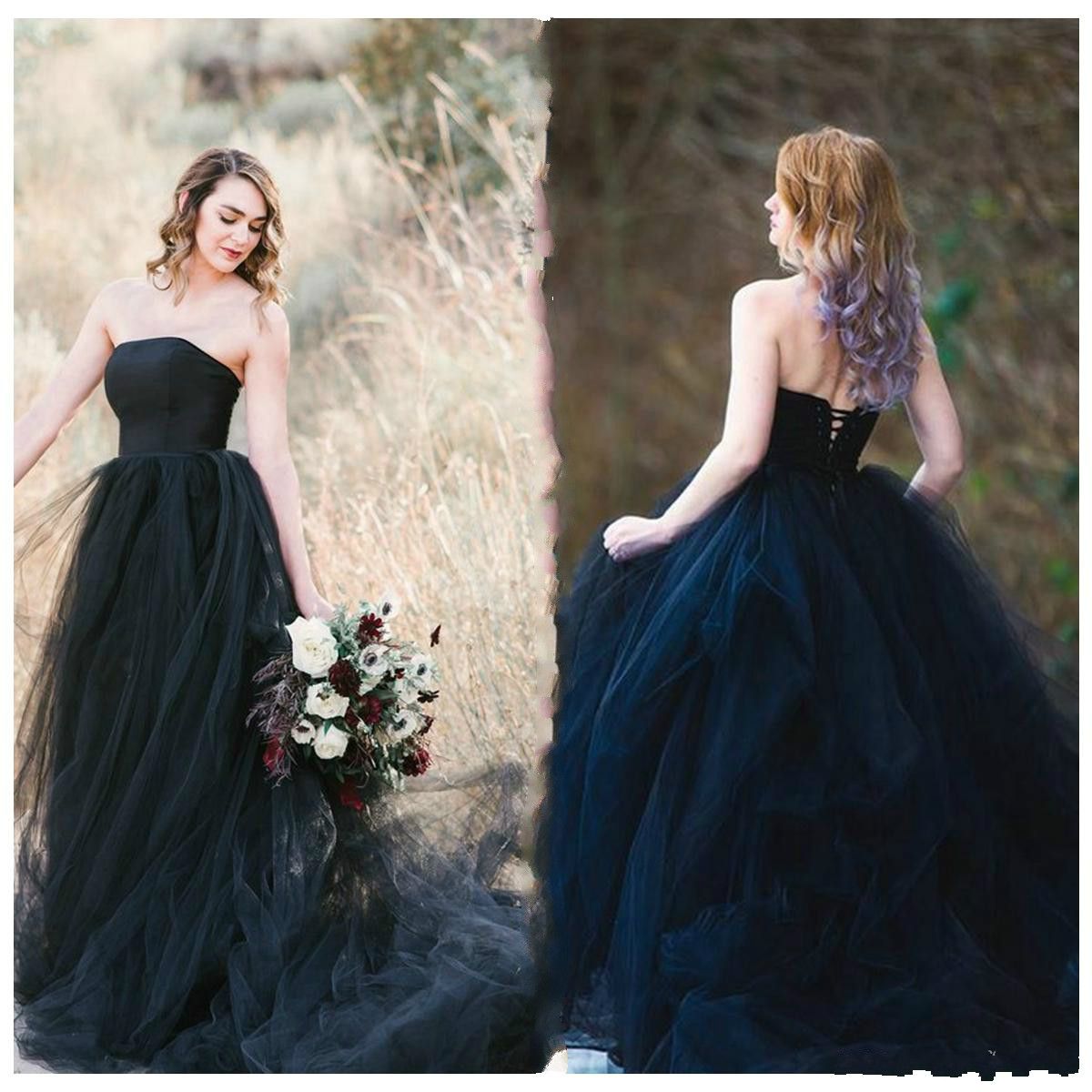 Discount Black Gothic Country Wedding Dresses Strapless