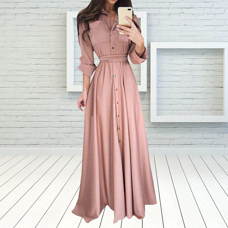 Elegant Long Shirt Dress Fashion Long Sleeves Turn Down Collar Button