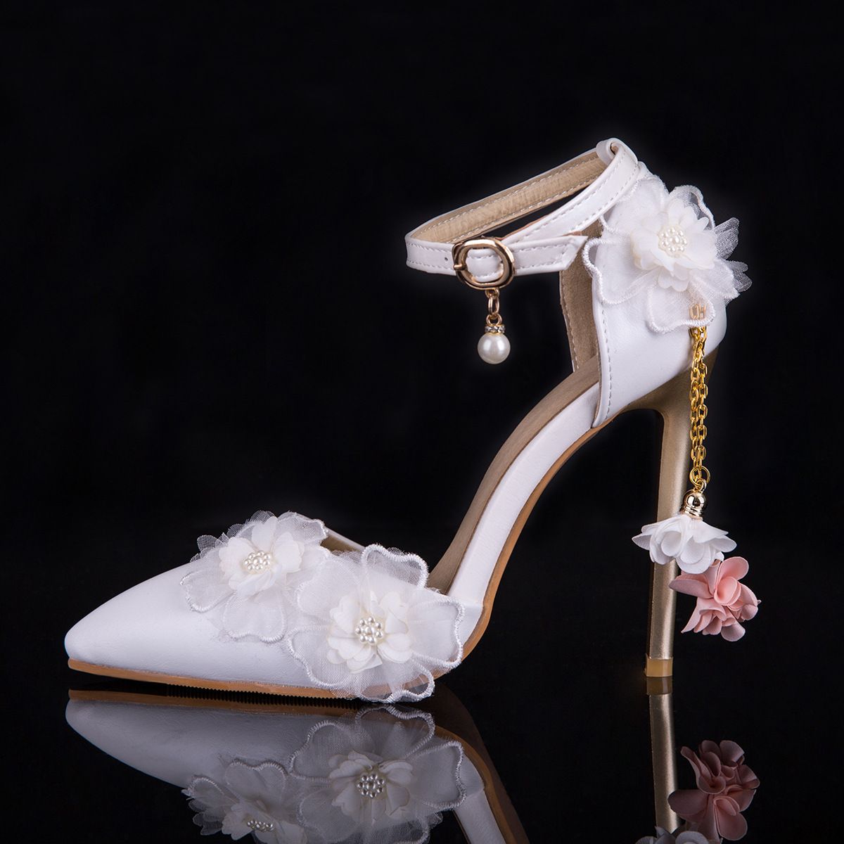 Large Size 35 47 White Bridal Wedding High Heels Dress Shoes Pointed Toe Hollow Ankle Strap Lady 