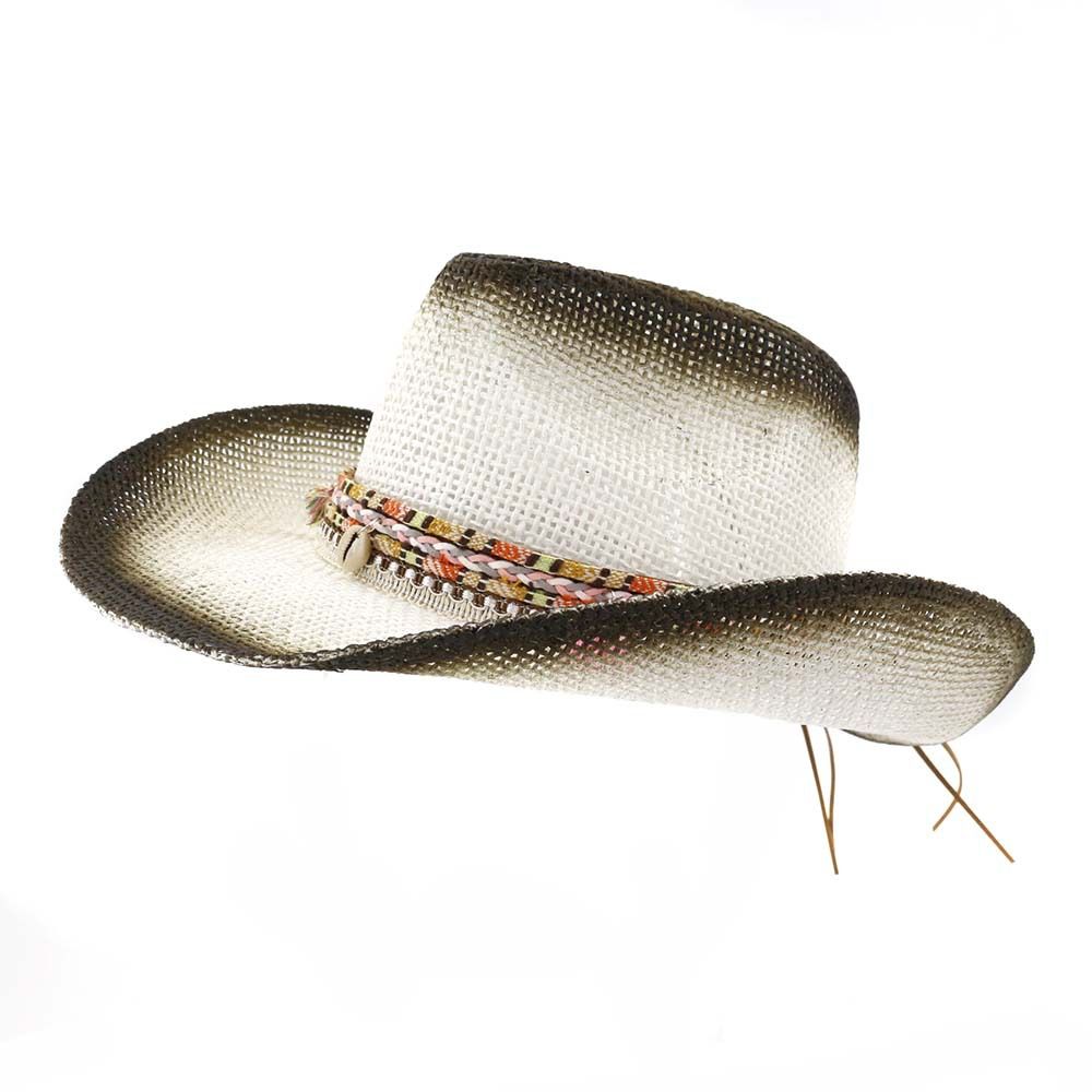 2019 Black Spray Paint Paper Straw Cowboy Hats Rope Decor Women Men Wide Brim Beach Sunshade Cap