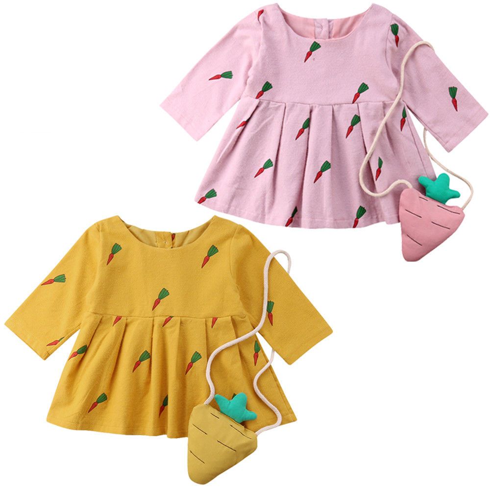 New Brand Toddler Baby Girl Carrot Print Long Sleeve Princess Swing Dress Mini Bag Clothes Age 6m 3t B11