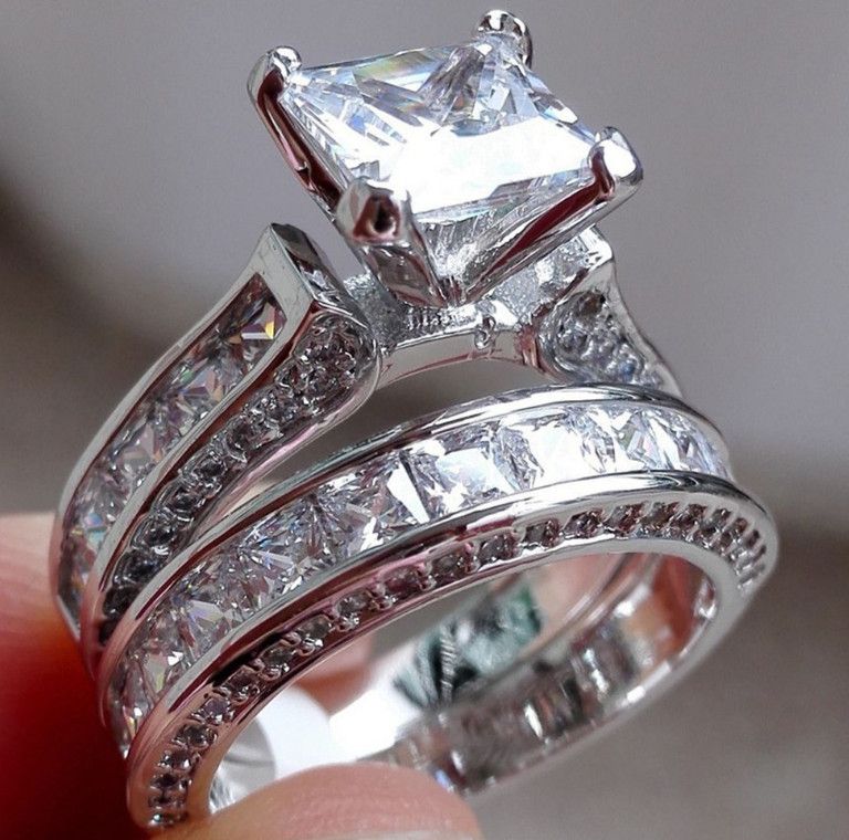 Luxury Crystal Female Zircon Wedding Ring Set Fashion Silver Bridal