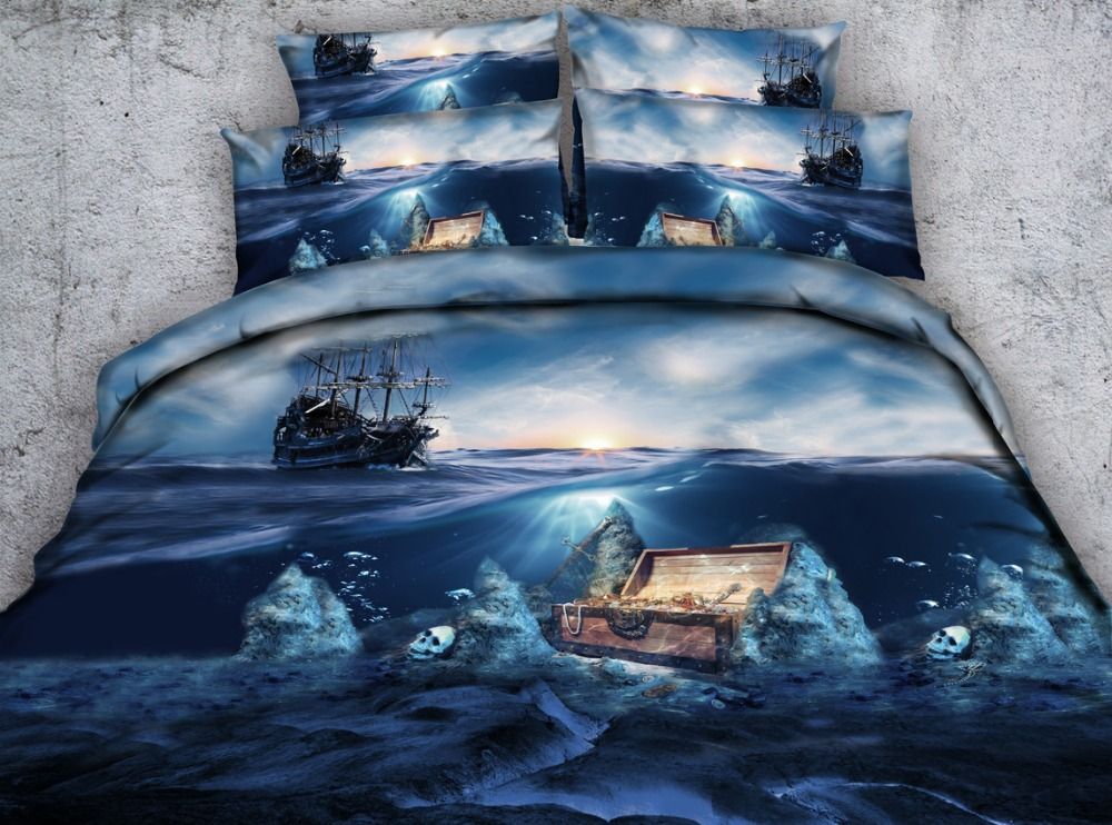 Jf 436 Grand Blue Ocean With Pirates Elements Bed Set Skull Treasure See Larger Image