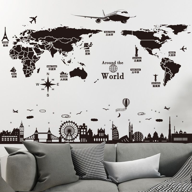 shijuehezi world map wall stickers diy europe style buildings mural