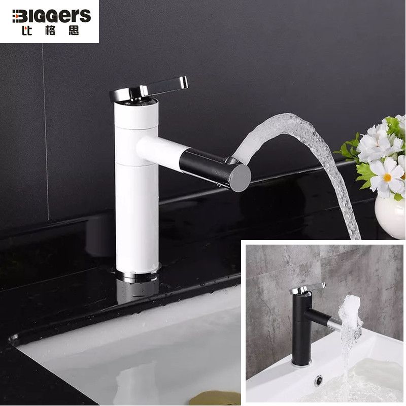 Free Shipping Biggers Sanitary Modern Design Copper Bathroom Basin Faucet Rotatable Black White Color Sink Tap With Pipes