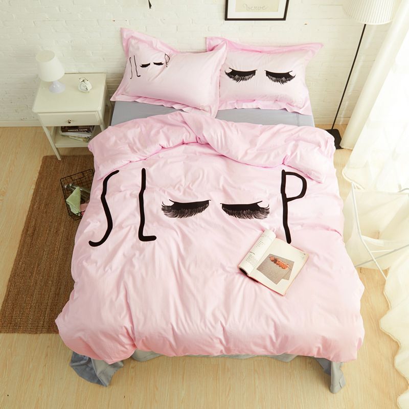Bedding Set Wedding Home Decor White Duvet Cover 100 Cotton Bed 4pcs Queen King Size Letter Pink Erfly Bedlinen