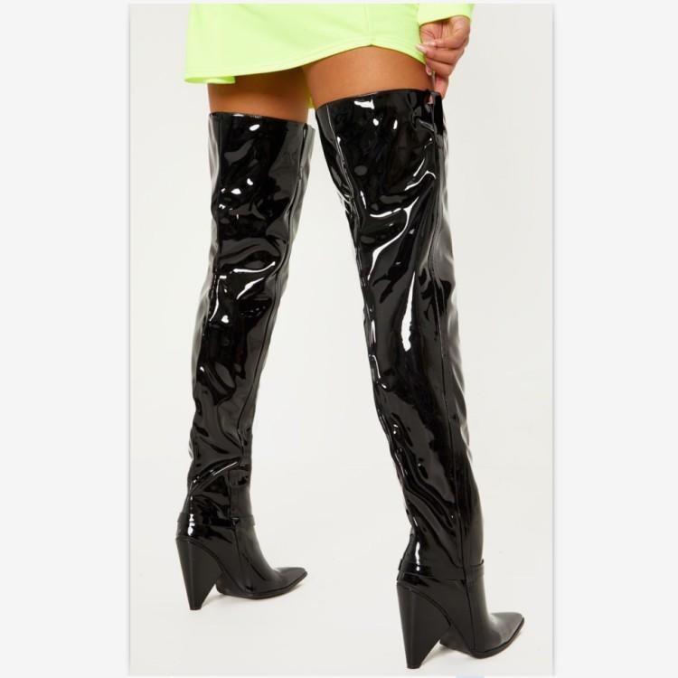 shiny black thigh high boots