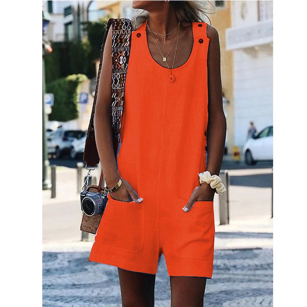 Women Cotton Linen Pockets Playsuit Jumpsuit Summer Beach Shorts Romper Casual Dungaree Overalls Combinaison Femme Plus Size