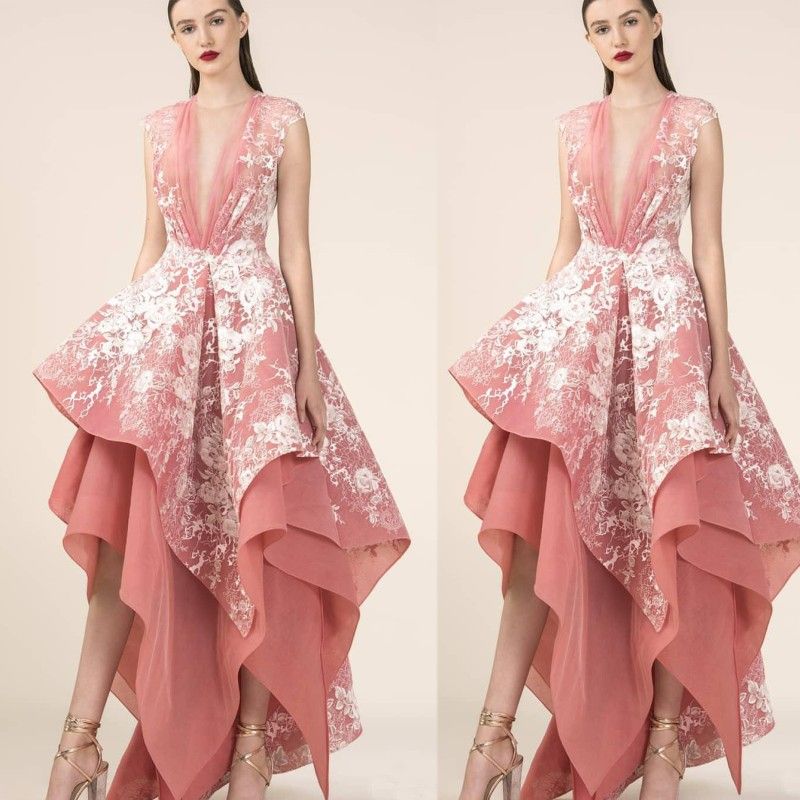 2020 High Low Coral Prom Dresses White Lace Irregular Skirt Deep