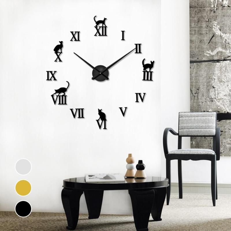 3d Mirror Wall Clocks Diy Cat Letters Quartz Needle Clock Modern Design Home Decorative Large Watch