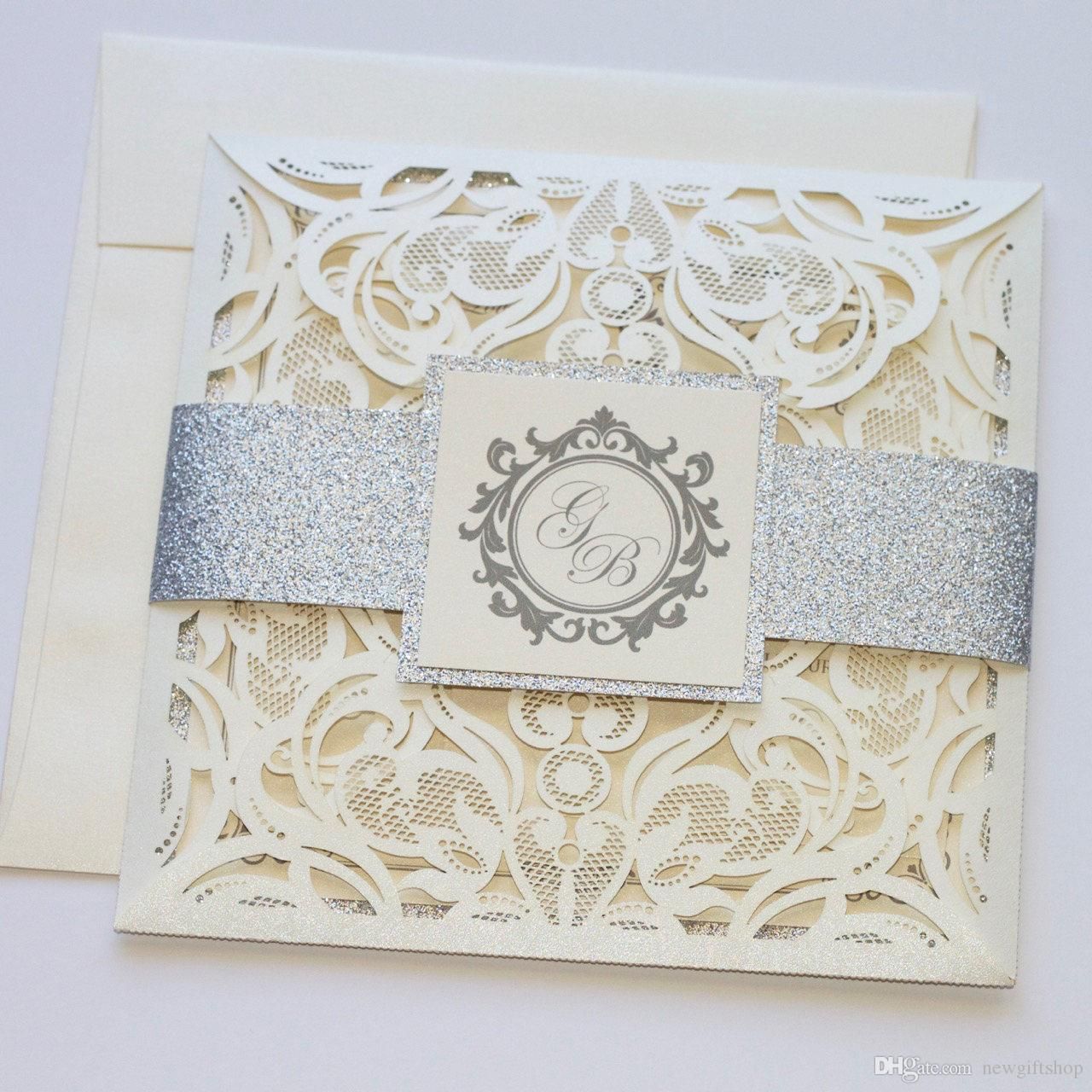 Ivory Glitter Wedding Invitations Laser Cut Dinner Invites