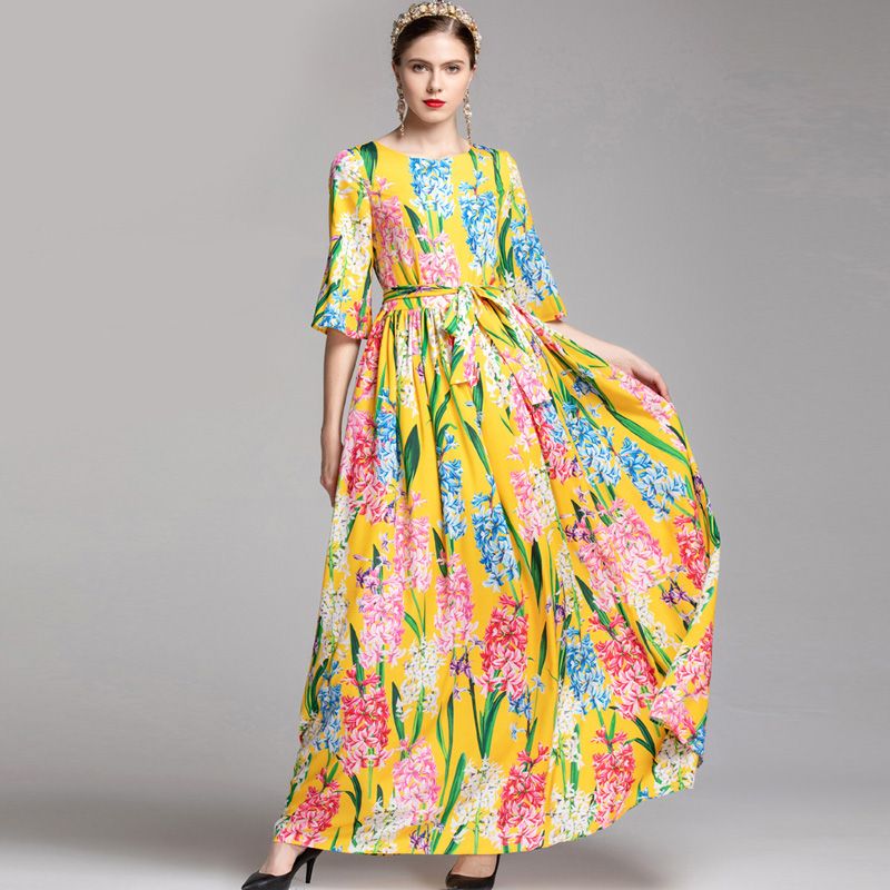 Women's Runway Dresses O Neck 3/4 Sleeves Floral Printed High Street