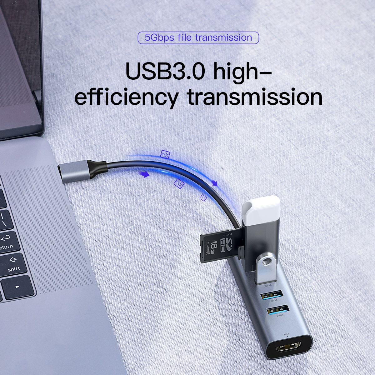 Hub chia cổng đa năng 5 in 1 PD Type-C ra 4 cổng USB 3.0 và HDMI chuẩn 4K hiệu Baseus Enjoy Series