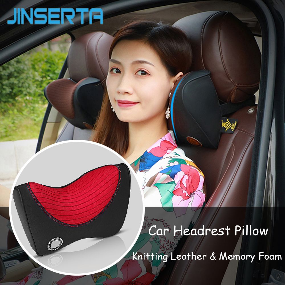 Jinserta Knitting Leather Car Headrest Neck Pillow Vehicel Seat Memory Foam Safety Head Protecting Travel Accessories