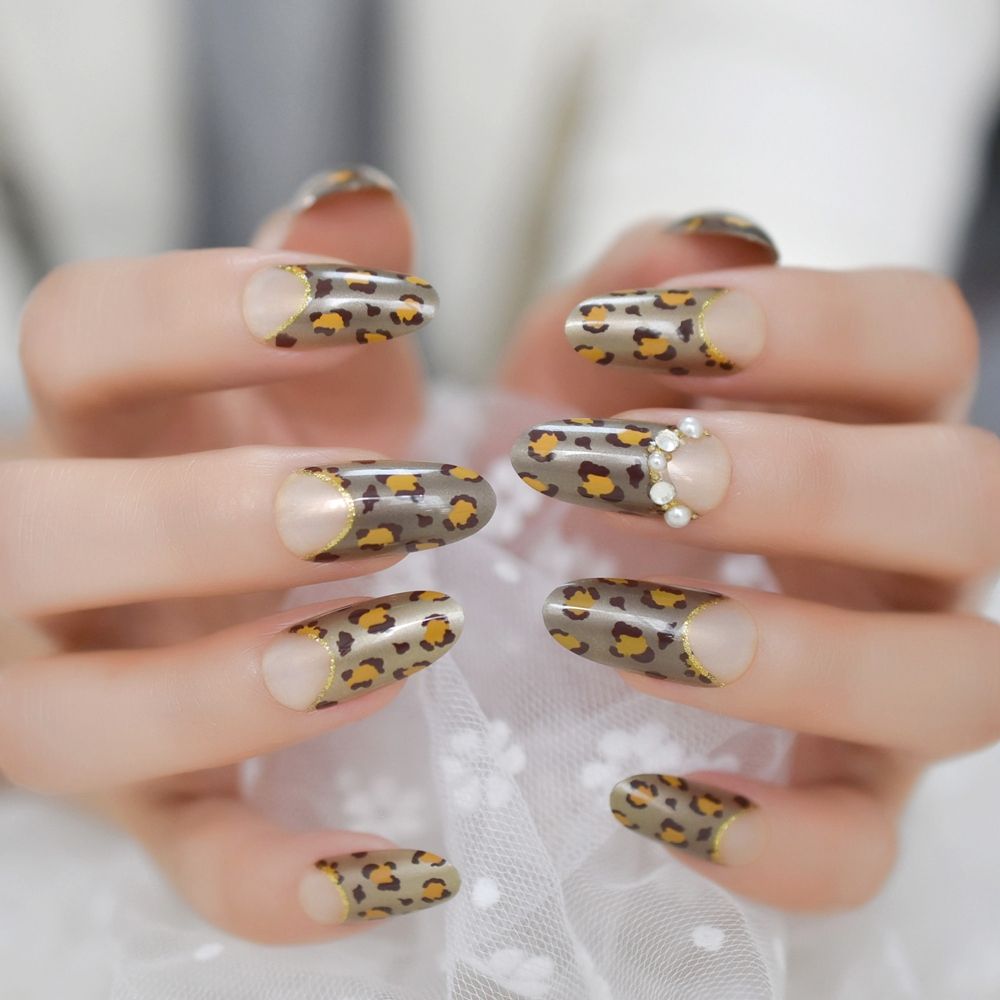 Oval Long French Pattern Nails Tan Camouflage Glitter Gem Fake Nails Oval Long French Pattern Nails Tan Camouflage Glitter Gem Fake Nails