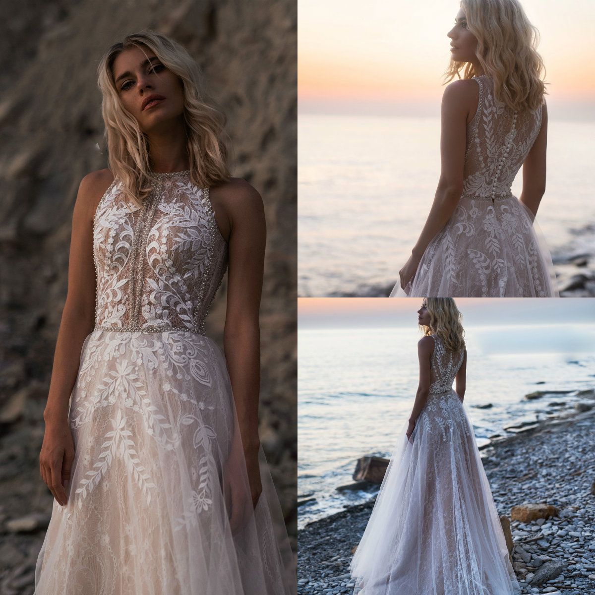 2019 Chic Perlé Robes De Mariée Bohème Dentelle Appliquée Une Ligne Robe De Mariage De Plage Balayage Train Pas Cher Grande Taille Robe De Mariage