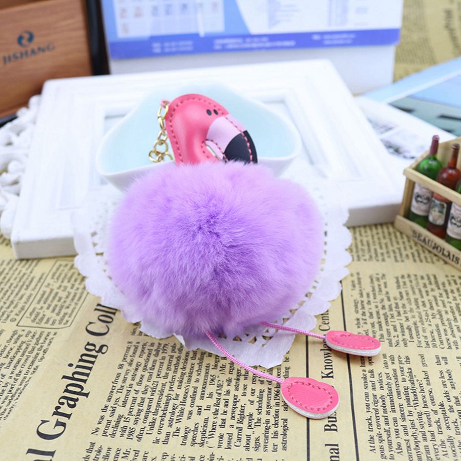 Cute Fluffy Pompom Flamingo Keychain Women Faux Rabbit Fur Ball