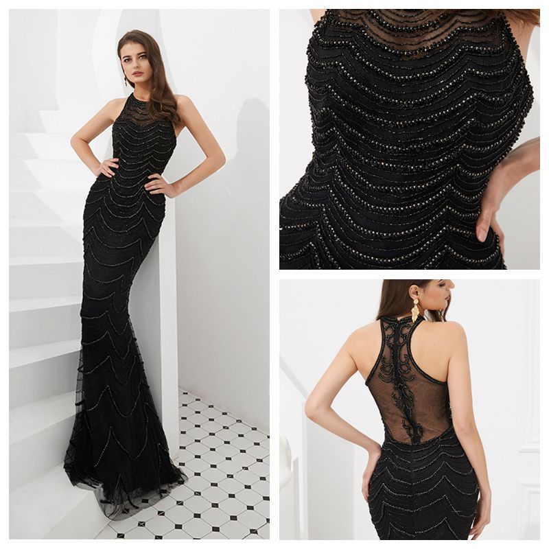 MF017 Luxury Jewel Neck Black Formal Dresses Mermaid Rhinestones ...