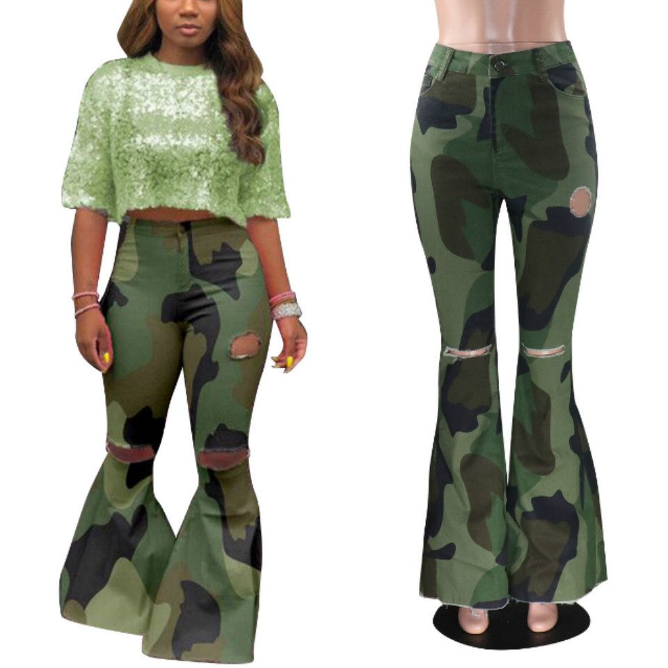 2020 2019 Autumn Best Green Camouflage Women Flare Pants Sexy Girls ...