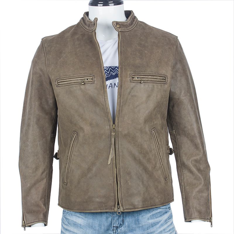 Harley Damson Light Brown Men Slim Fit Motorcycle Leather Jacket Plus Size Xl Genuine Thick Cowhide Autumn Short Bikers Coat