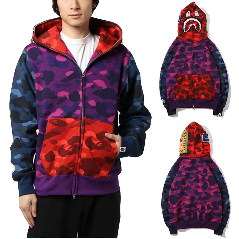 jurllyshe camouflage shark head applique zipper pockets casual hoodie